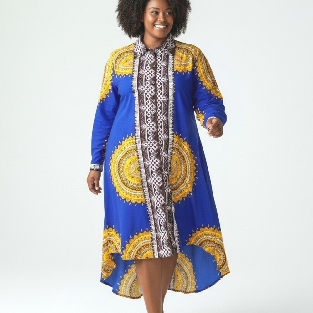 Vintage Womens Blue Yellow Mandala 16 Print High Low Button Dress XL